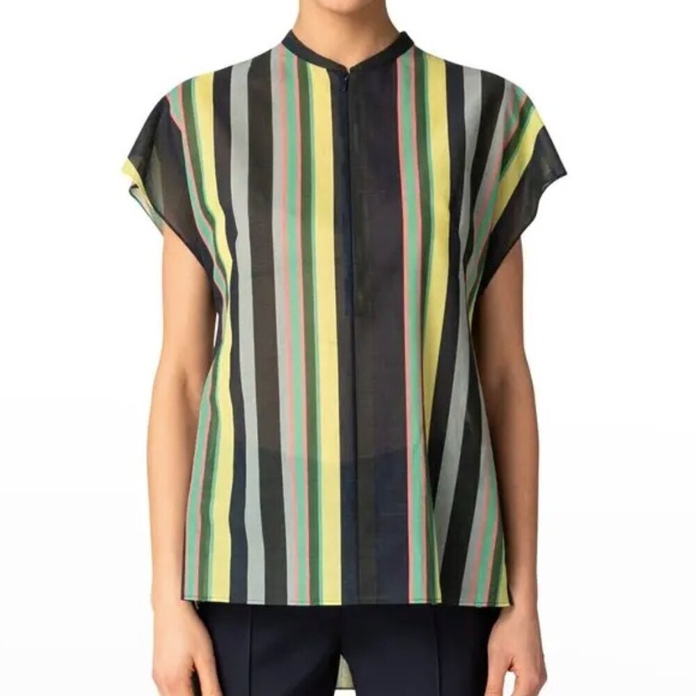 Akris Striped Cotton Voile Zip-Front Tunic Blouse